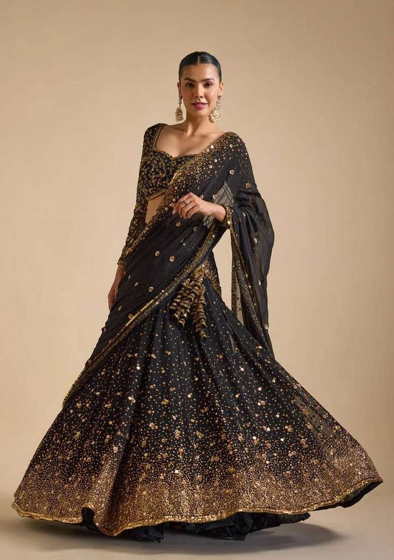 Black Work Georgette Lehenga Set with Sequin for Diwali | Wedding & Festive Wear - Indya