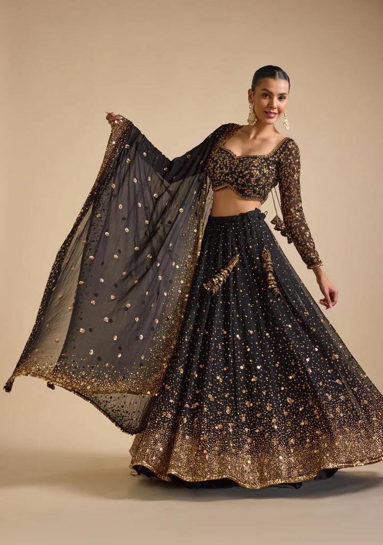 Black Sequin Work Georgette Lehenga Set - Indya