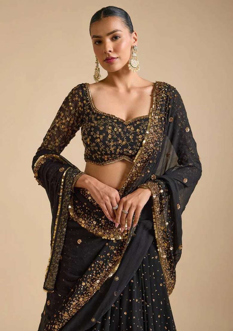 Black Work Georgette Lehenga Set with Sequin for Diwali | Wedding & Festive Wear - Indya