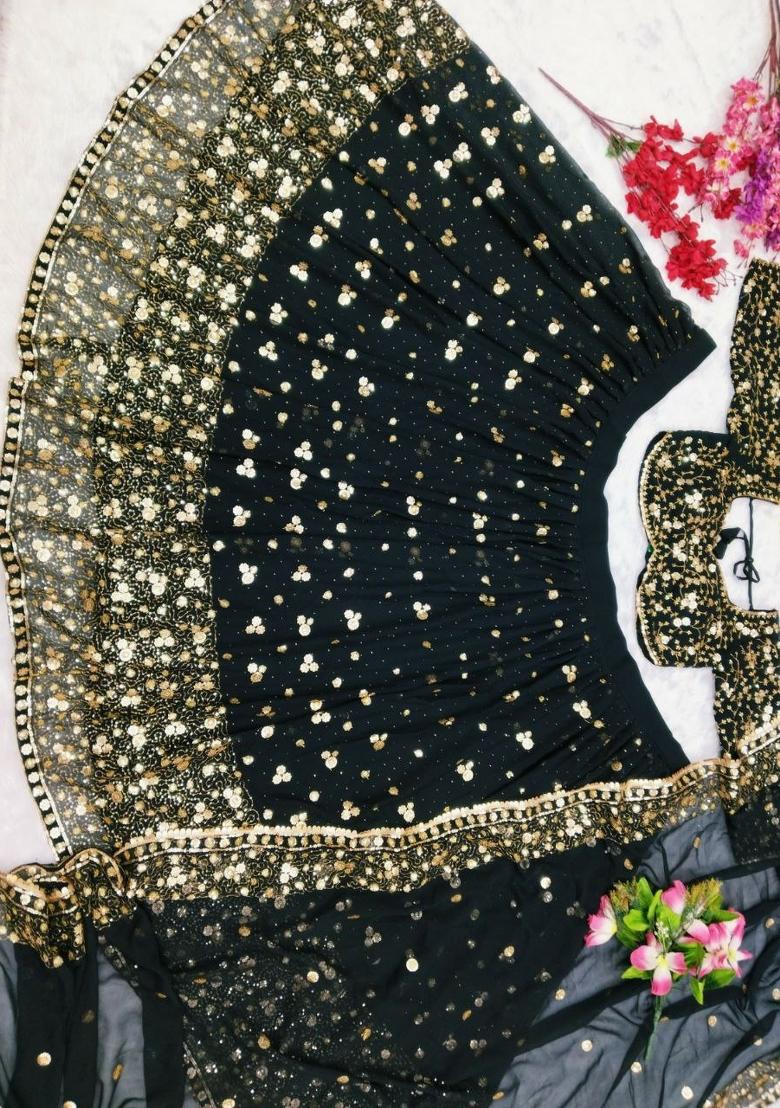 Black Sequin Work Georgette Lehenga Set - Indya