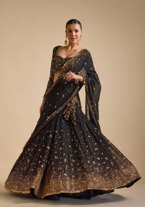 Black Sequin Work Georgette Lehenga Set