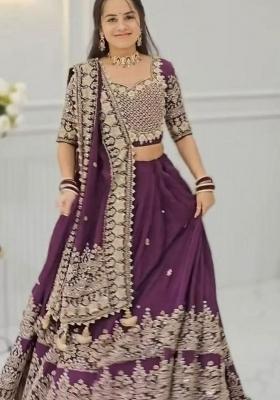 Purple Embroidered Georgette Lehenga Set