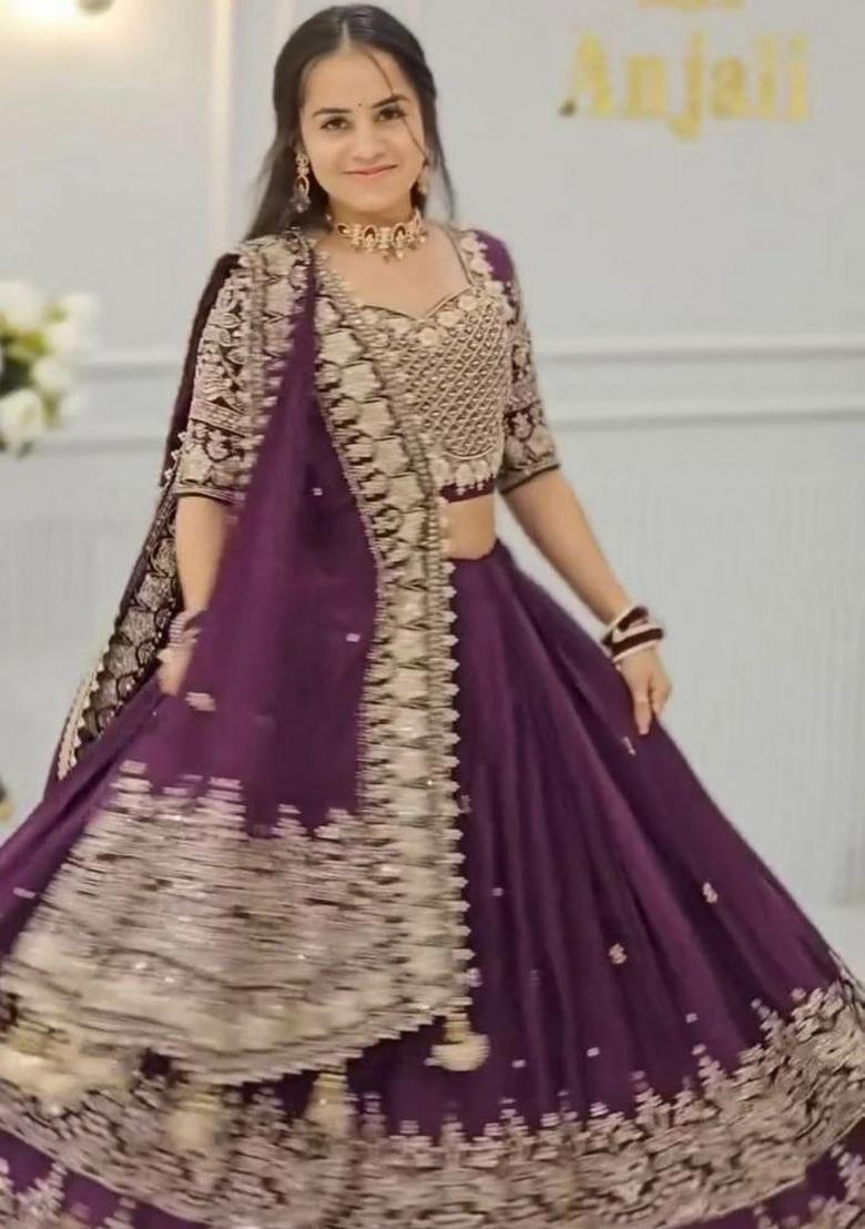Purple Embroidered Georgette Lehenga Set - Indya