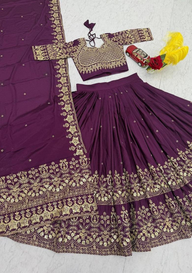 Purple Embroidered Georgette Lehenga Set - Indya