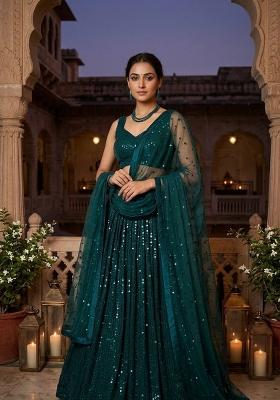 Green Sequin Work Georgette Lehenga Set