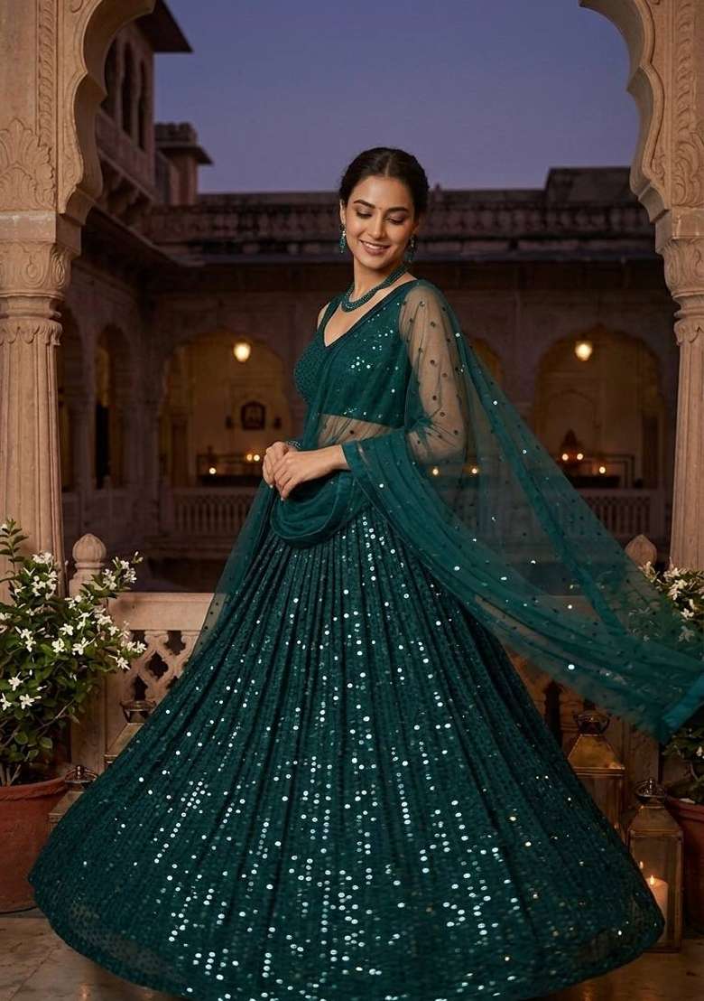 Green Work Georgette Lehenga Set with Sequin for Diwali | Wedding & Festive Wear - Indya