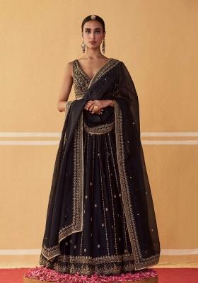 Black Zari Work Silk Blend Lehenga Set