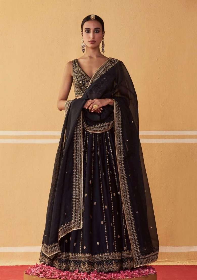 Black Zari Work Silk Blend Lehenga Set for Diwali and Festive Wear - Indya