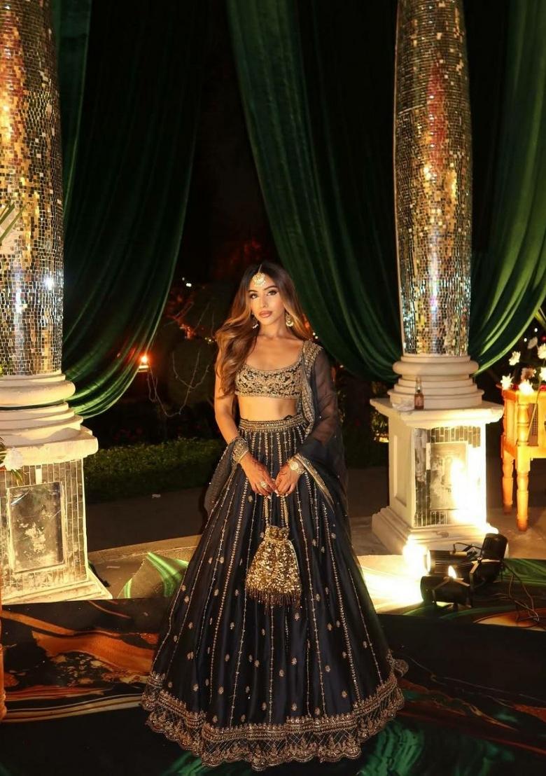 Black Zari Work Silk Blend Lehenga Set - Indya