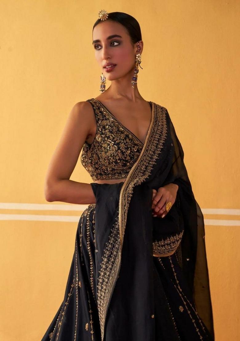 Black Zari Work Silk Blend Lehenga Set - Indya