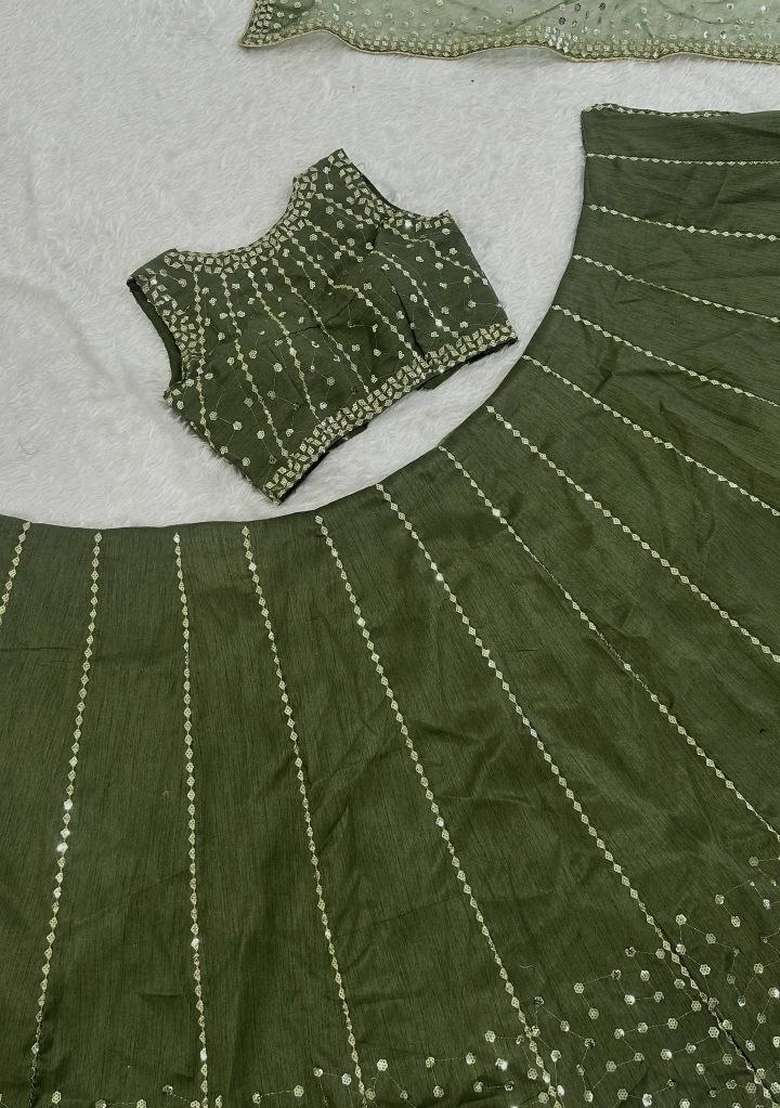Green Sequin Work Silk Blend Lehenga Set for Diwali and Festive Wear - Indya