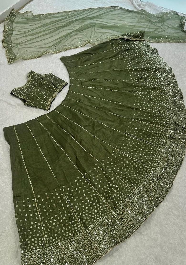 Green Sequin Work Silk Blend Lehenga Set - Indya