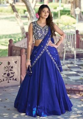 Persian Blue Embroidered Kashmiri Lehenga Set