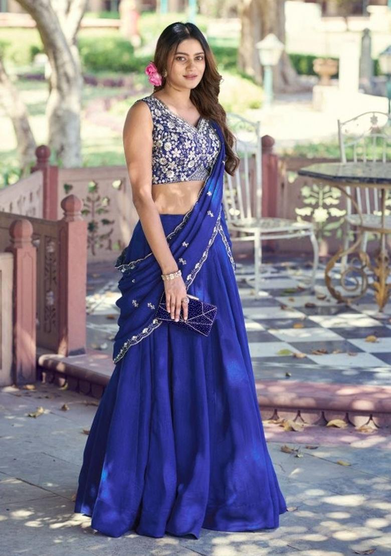 Persian Blue Embroidered Kashmiri Lehenga Set - Indya