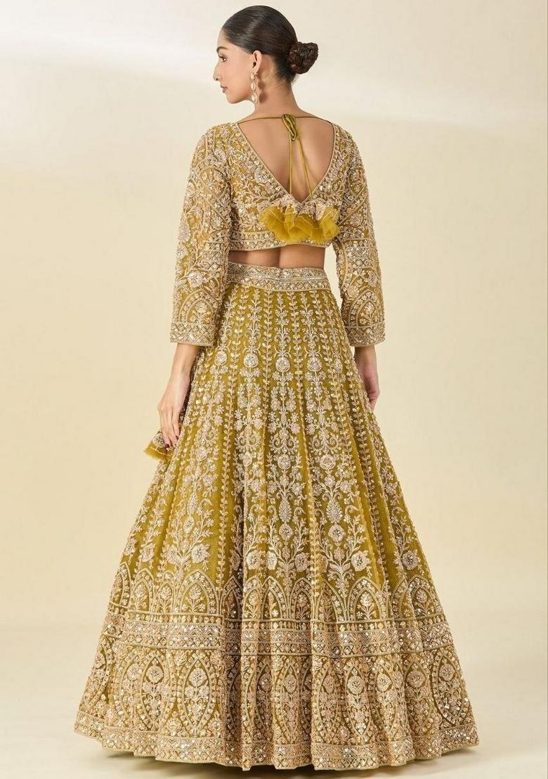 Yellow Embroidered Net Lehenga Set - Indya