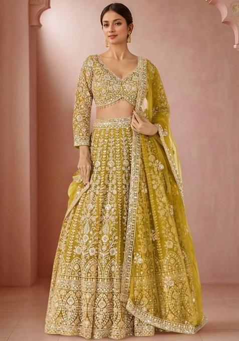 Yellow Embroidered Net Lehenga Set