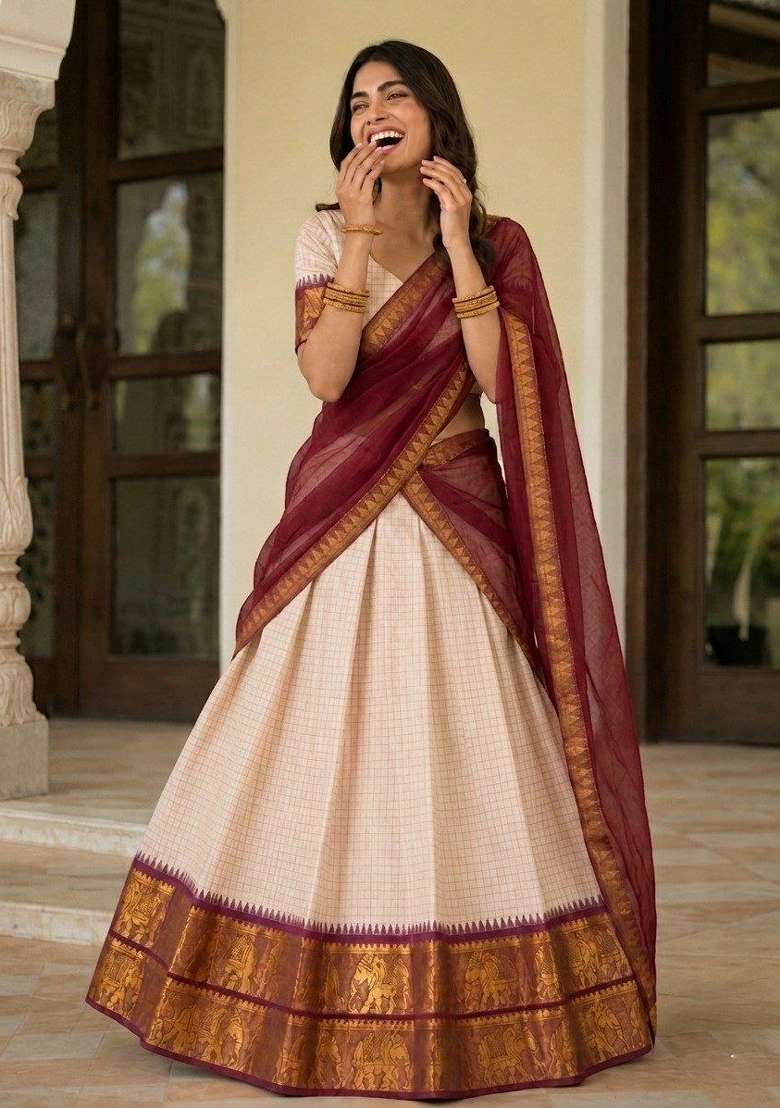 White Cotton Lehenga Set with Zari Work for Diwali | Wedding & Festive Wear - Indya