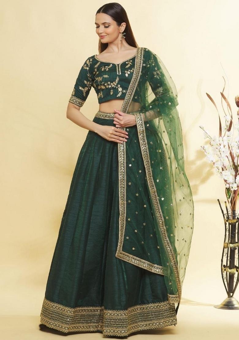 Green Embroidered Silk Blend Lehenga Set - Indya