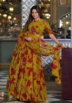 Yellow Floral Print Marble Lehenga Set