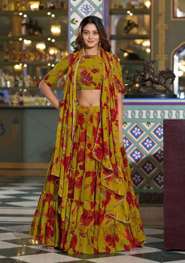 Yellow Floral Print Marble Lehenga Set - Indya
