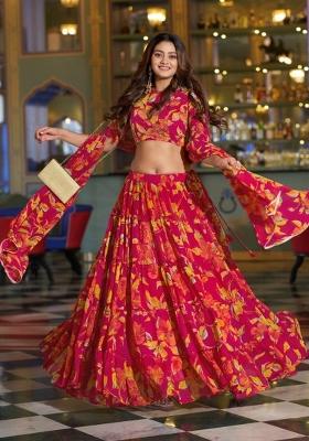 Red Floral Print Marble Lehenga Set