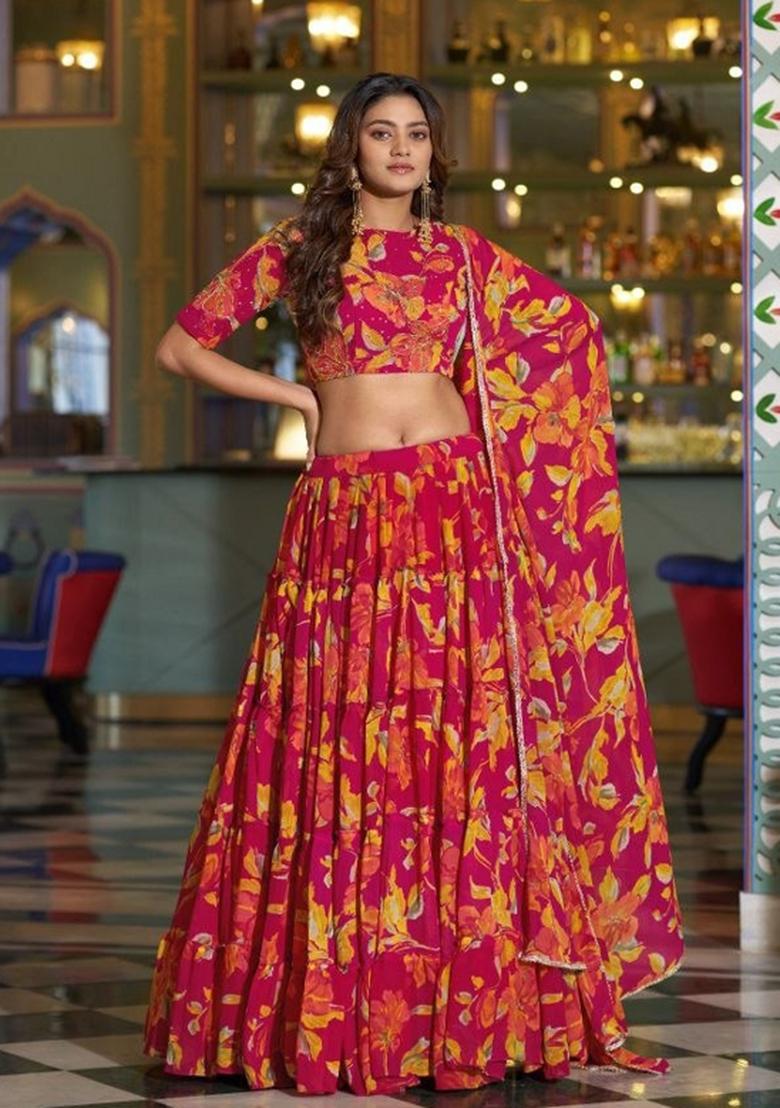 Red Floral Print Marble Lehenga Set - Indya