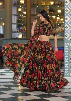 Blue Floral Print Marble Lehenga Set