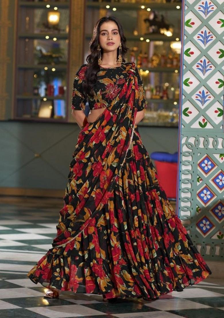 Blue Floral Print Marble Lehenga Set - Indya