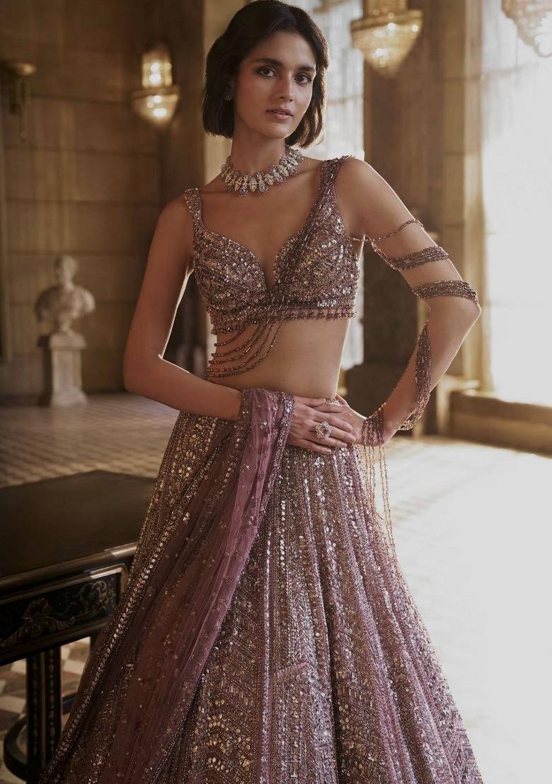 Pink Sequin Work Silk Blend Lehenga Set - Indya