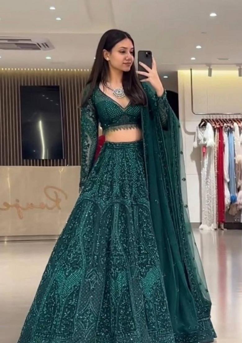 Green Sequin Work Net Lehenga Set - Indya