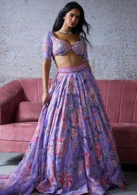Purple Embroidered Silk Blend Lehenga Set