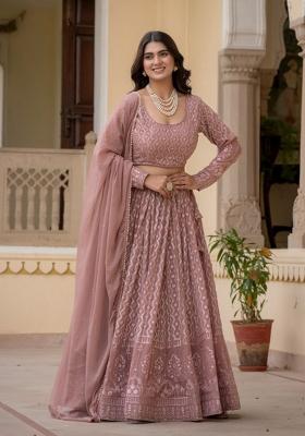 Rose Brown Embroidered Georgette Lehenga Set