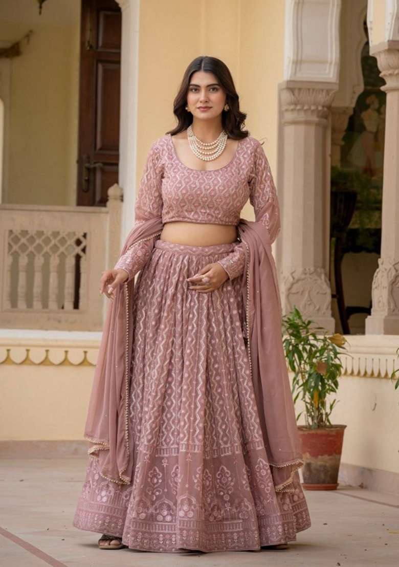 Rose Brown Embroidered Georgette Lehenga Set for Diwali and Festive Wear - Indya