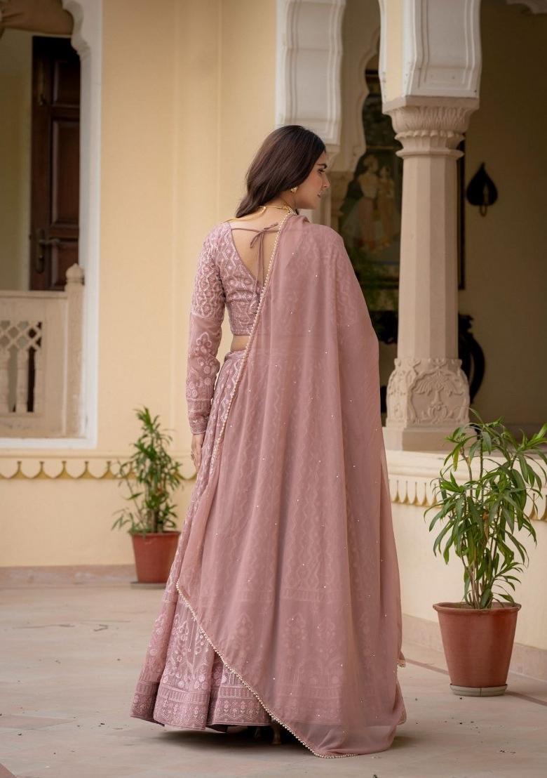 Rose Brown Embroidered Georgette Lehenga Set - Indya