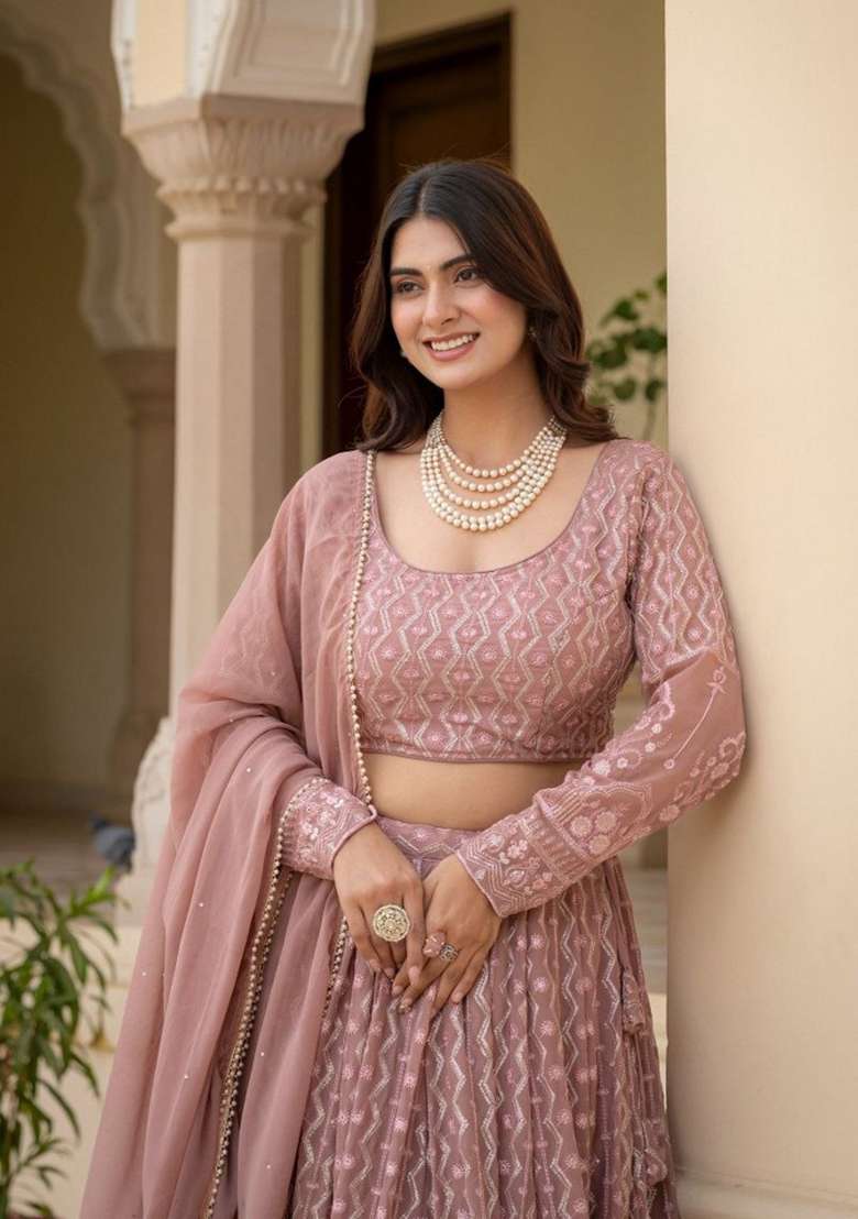 Rose Brown Embroidered Georgette Lehenga Set for Diwali and Festive Wear - Indya