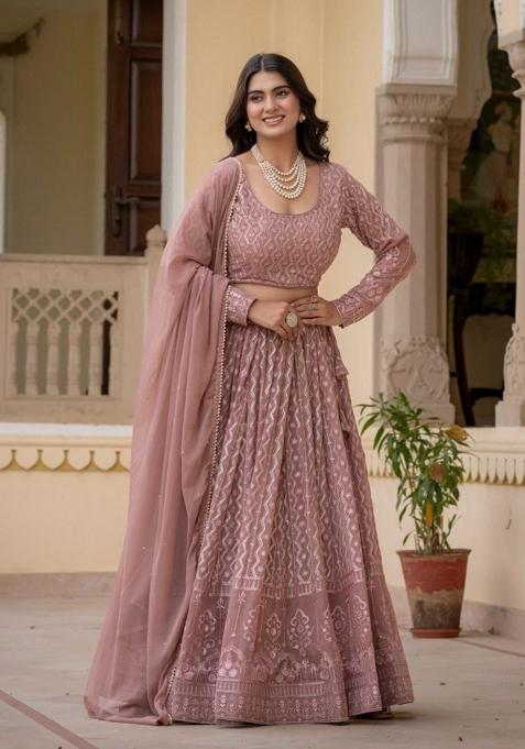 Rose Brown Embroidered Georgette Lehenga Set