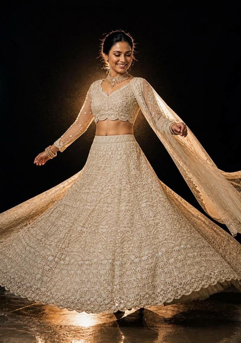 White Embroidered Net Lehenga Set - Indya