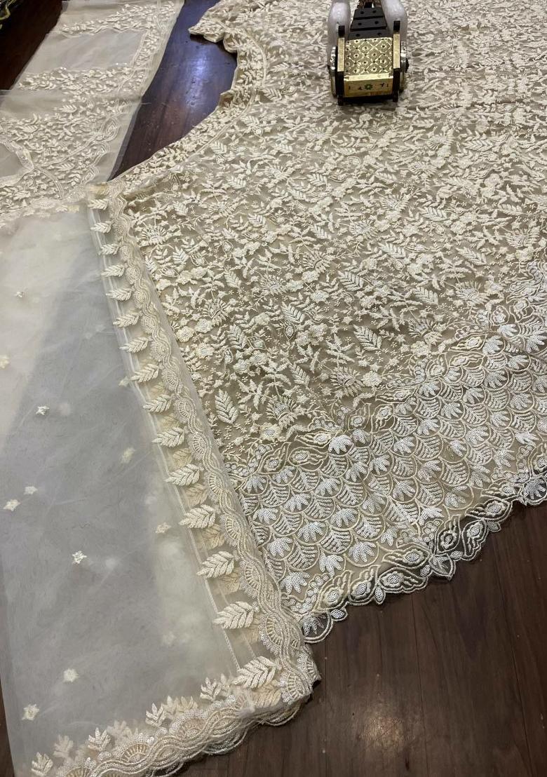 White Embroidered Net Lehenga Set - Indya