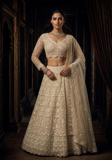 White Embroidered Net Lehenga Set