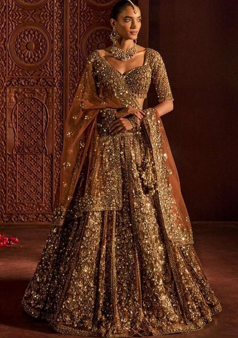 Antique Gold Embroidered Net Lehenga Set - Indya