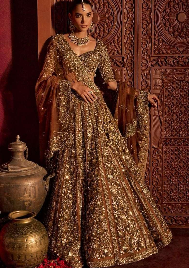 Antique Gold Embroidered Net Lehenga Set - Indya