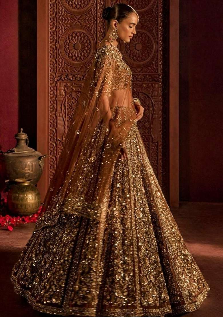 Antique Gold Embroidered Net Lehenga Set - Indya