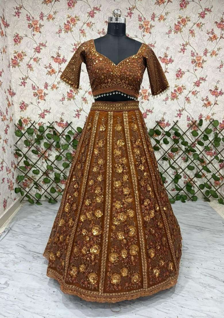 Antique Gold Embroidered Net Lehenga Set - Indya