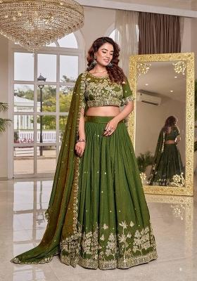 Mehendi Embroidered Silk Blend Lehenga Set