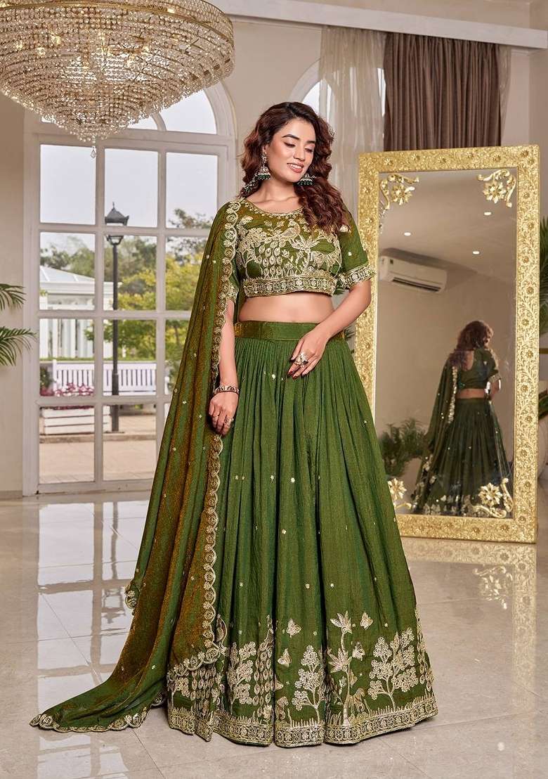 Mehendi Silk Blend Lehenga Set with Embroidered for Diwali | Wedding & Festive Wear - Indya
