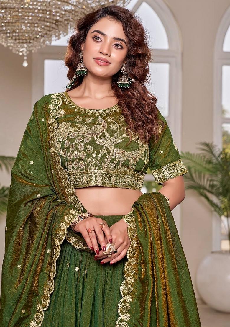Mehendi Embroidered Silk Blend Lehenga Set - Indya