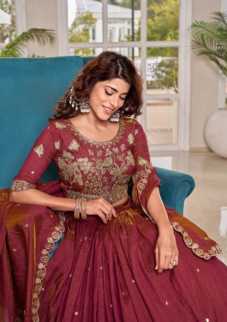 Maroon Embroidered Silk Blend Lehenga Set - Indya