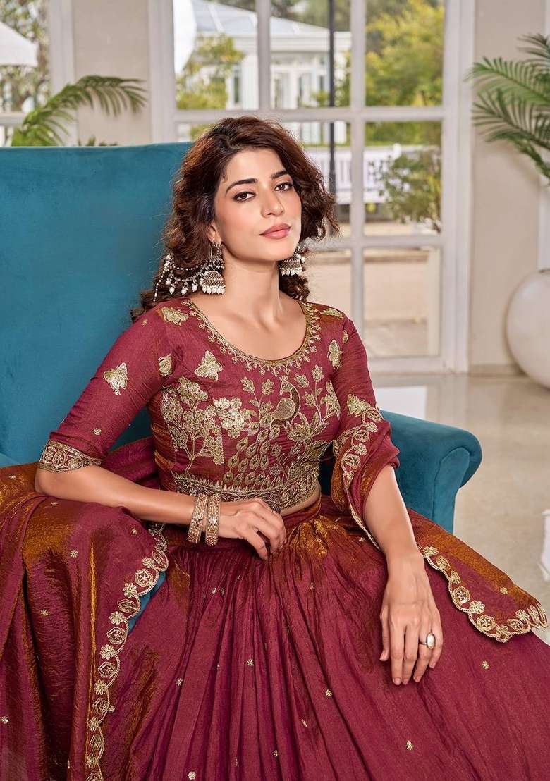 Maroon Silk Blend Lehenga Set with Embroidered for Diwali | Wedding & Festive Wear - Indya