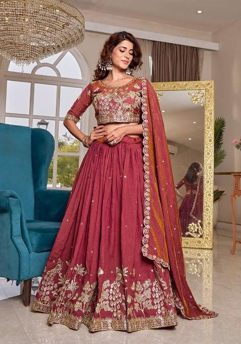 Maroon Embroidered Silk Blend Lehenga Set