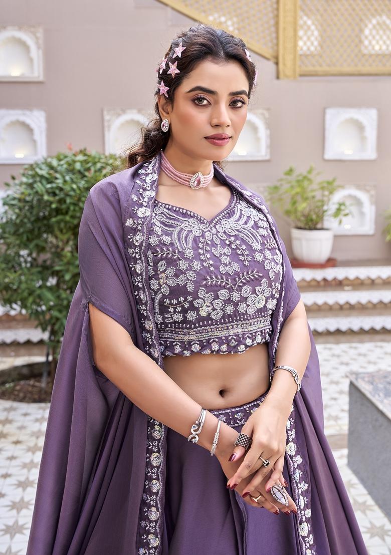 Purple Embroidered Silk Blend Lehenga Set - Indya